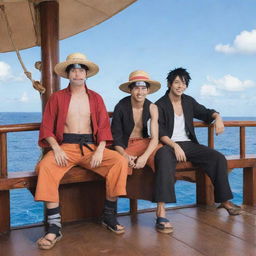 Anime protagonists, Naruto from Naruto, Ichigo from Bleach, and Monkey D. Luffy from One Piece, together on the deck of Luffy's pirate ship, the 'Going Merry', having a fantastic bonding moment.