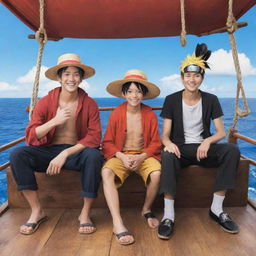 Anime protagonists, Naruto from Naruto, Ichigo from Bleach, and Monkey D. Luffy from One Piece, together on the deck of Luffy's pirate ship, the 'Going Merry', having a fantastic bonding moment.