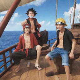 Anime protagonists, Naruto from Naruto, Ichigo from Bleach, and Monkey D. Luffy from One Piece, together on the deck of Luffy's pirate ship, the 'Going Merry', having a fantastic bonding moment.