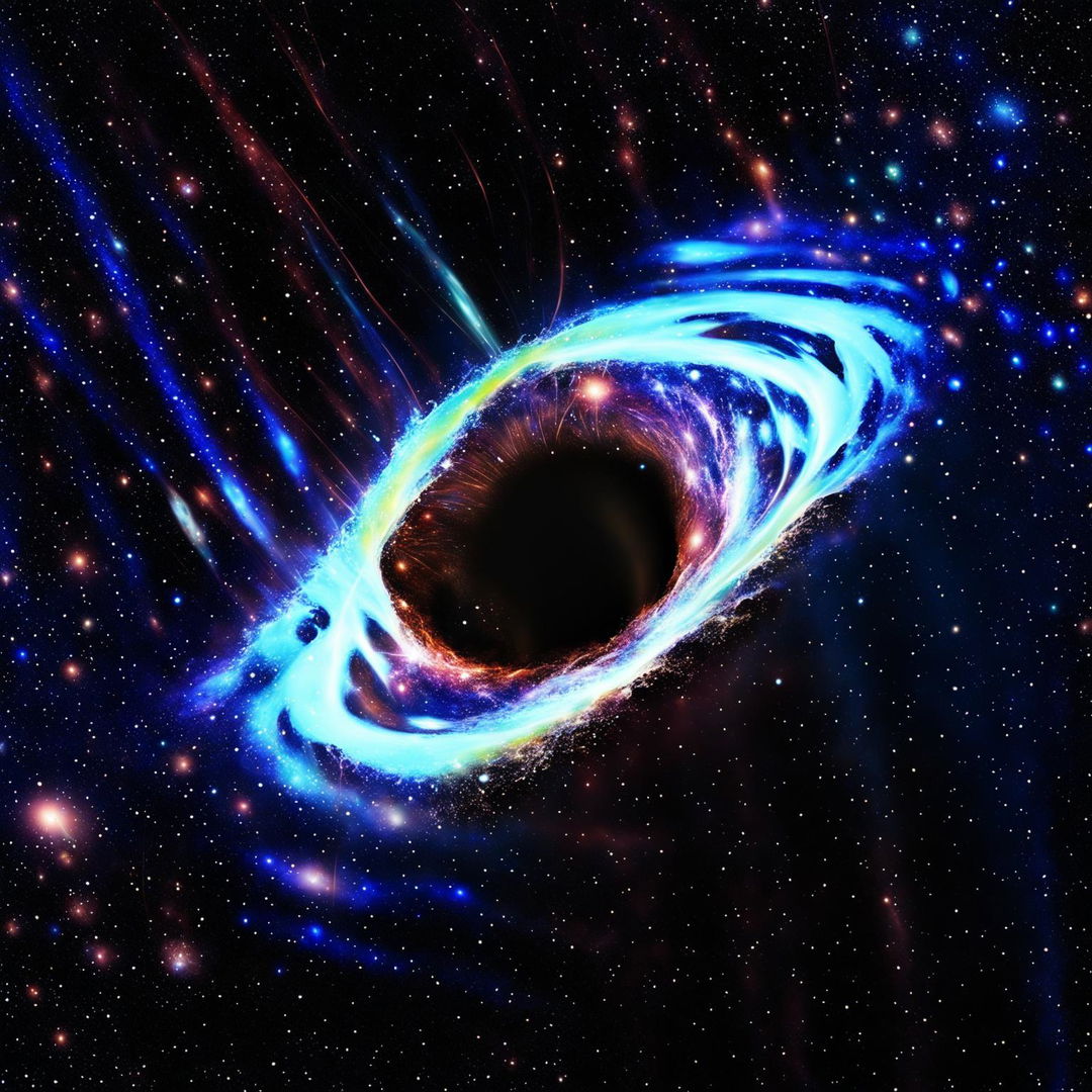 A high-quality digital art image depicting a supermassive black hole at the center of the universe, absorbing galaxies and stars