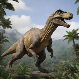 The same realistic, intricately detailed dinosaur, now significantly larger in size and towering over the lush, prehistoric jungle landscape.