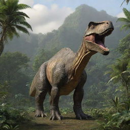 The same realistic, intricately detailed dinosaur, now significantly larger in size and towering over the lush, prehistoric jungle landscape.