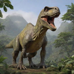 The same realistic, intricately detailed dinosaur, now significantly larger in size and towering over the lush, prehistoric jungle landscape.