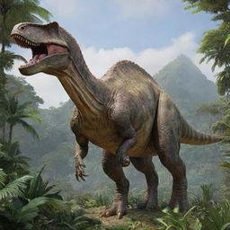 The same realistic, intricately detailed dinosaur, now significantly larger in size and towering over the lush, prehistoric jungle landscape.