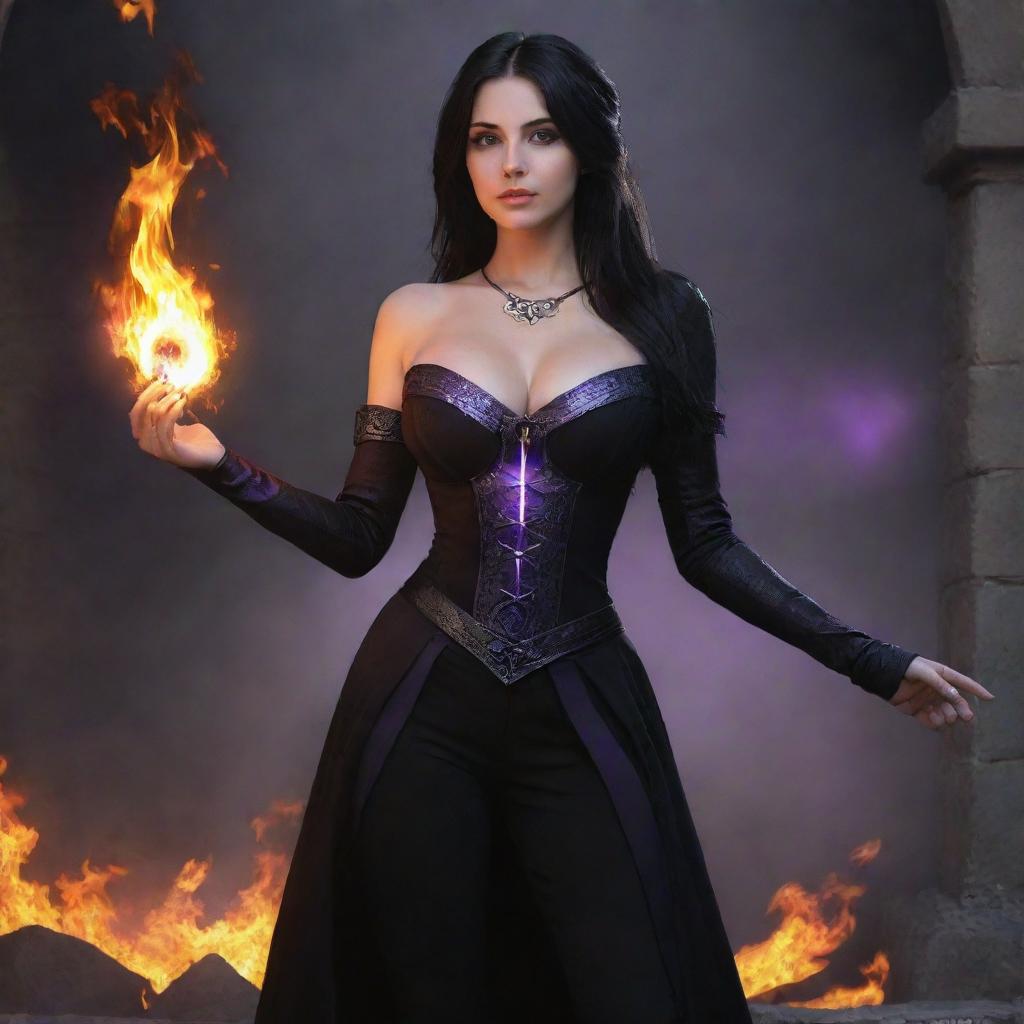 medieval beatifull, bigb boobs, sexy full body, black hair girl with purple eyes with fire aura behind, 23 years old, she is a piro controler, black clothes, sexy, piromancer, in ocation place, charmOfTheRealm, digital art, high detailed