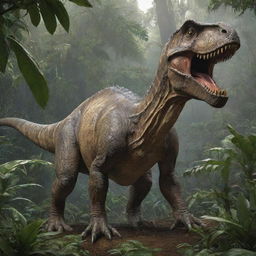 The same realistic, intricately detailed dinosaur, now colossal in size, dwarfing the sprawling lush prehistoric jungle beneath.