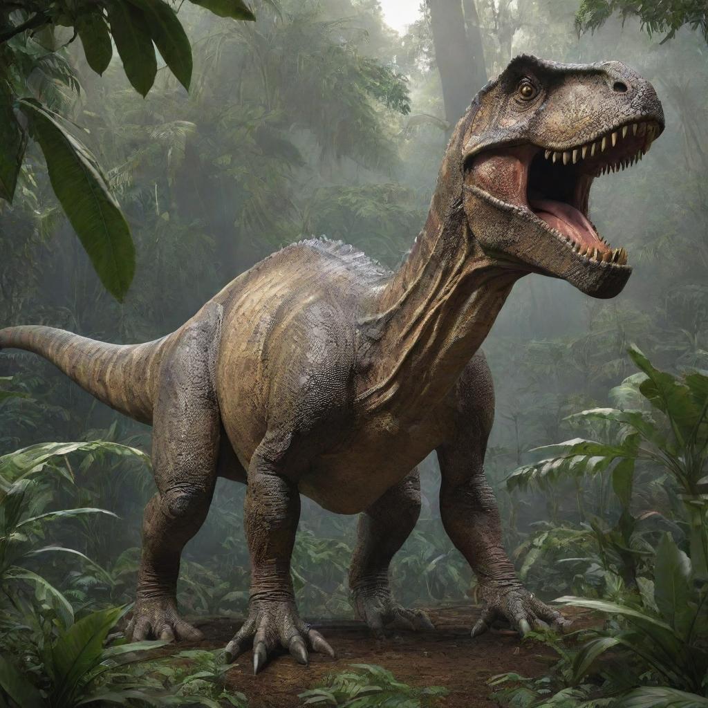 The same realistic, intricately detailed dinosaur, now colossal in size, dwarfing the sprawling lush prehistoric jungle beneath.