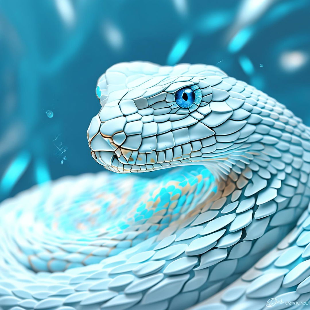 The digital art piece features an insanely aesthetic snake rendered in a striking shade of bright white