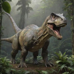 The same realistic, intricately detailed dinosaur, now colossal in size, dwarfing the sprawling lush prehistoric jungle beneath.