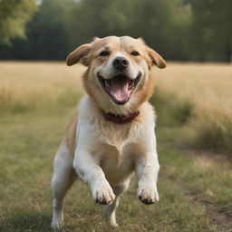 A realistic, full-bodied image of a lively and happy dog in an outdoor setting