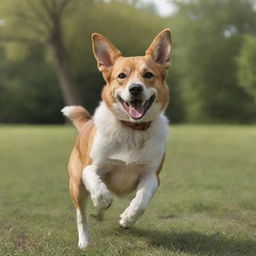 A realistic, full-bodied image of a lively and happy dog in an outdoor setting