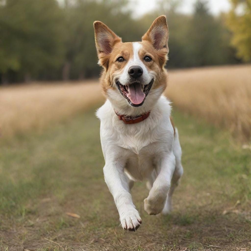 A realistic, full-bodied image of a lively and happy dog in an outdoor setting