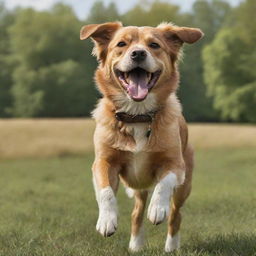 A realistic, full-bodied image of a lively and happy dog in an outdoor setting