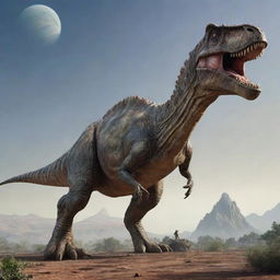 The same realistic, intricately detailed dinosaur, now colossal in size, dwarfing an entire planet beneath its feet.