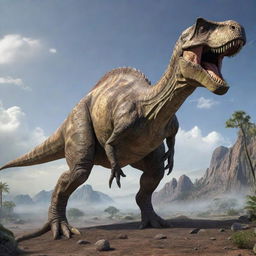 The same realistic, intricately detailed dinosaur, now colossal in size, dwarfing an entire planet beneath its feet.