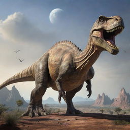 The same realistic, intricately detailed dinosaur, now colossal in size, dwarfing an entire planet beneath its feet.