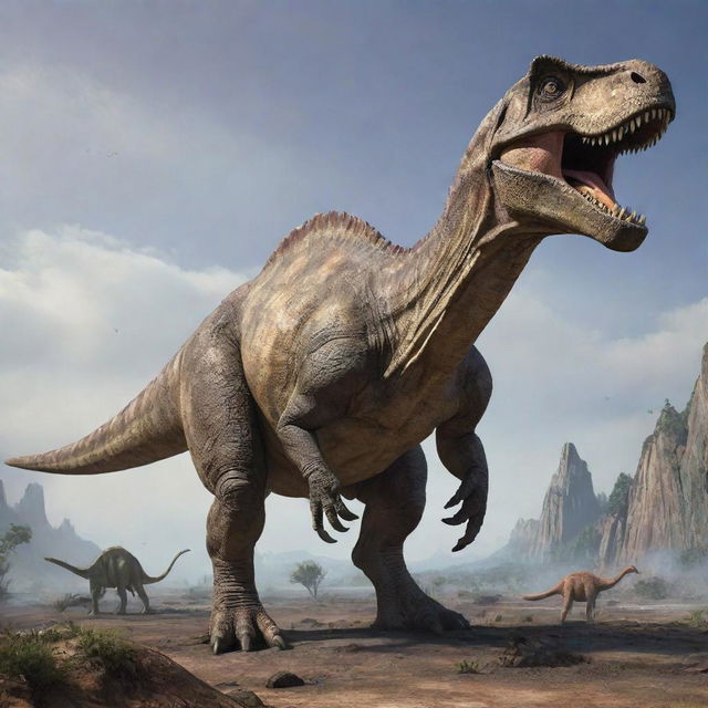 The same realistic, intricately detailed dinosaur, now colossal in size, dwarfing an entire planet beneath its feet.