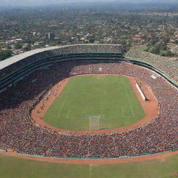 A large, bustling stadium in Kenya under a sunny sky, filled with excited spectators. The lush green playing field in the center is surrounded by large, colorful tribunes.