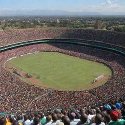 A large, bustling stadium in Kenya under a sunny sky, filled with excited spectators. The lush green playing field in the center is surrounded by large, colorful tribunes.