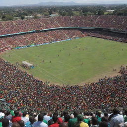 A large, bustling stadium in Kenya under a sunny sky, filled with excited spectators. The lush green playing field in the center is surrounded by large, colorful tribunes.