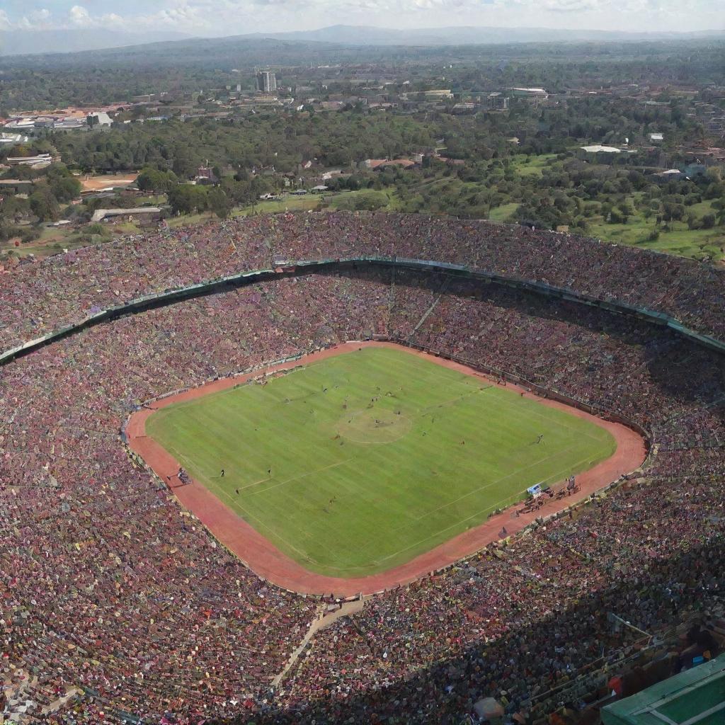 A large, bustling stadium in Kenya under a sunny sky, filled with excited spectators. The lush green playing field in the center is surrounded by large, colorful tribunes.