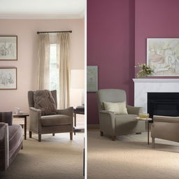 Revamp a living room, showcasing a transformation of wall color, maintaining original furniture layout and decor.