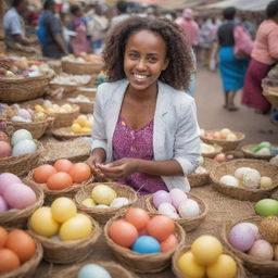 An Ethiopian Easter shopping festival scene with a joyful girl browsing and engaging with various items in a bustling Bazaar.