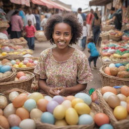 An Ethiopian Easter shopping festival scene with a joyful girl browsing and engaging with various items in a bustling Bazaar.