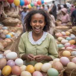 An Ethiopian Easter shopping festival scene with a joyful girl browsing and engaging with various items in a bustling Bazaar.