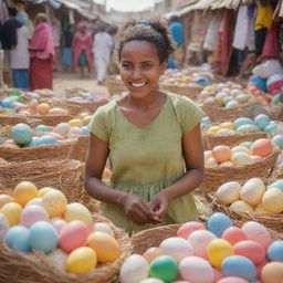 An Ethiopian Easter shopping festival scene with a joyful girl browsing and engaging with various items in a bustling Bazaar.