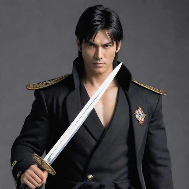 Jin Kazama from Tekken, wearing a black long coat and a Vice Admiral cloak from One Piece, holding a traditional sword.