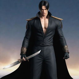 Jin Kazama from Tekken, wearing a black long coat and a Vice Admiral cloak from One Piece, holding a traditional sword.