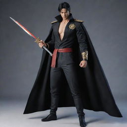 Jin Kazama from Tekken, wearing a black long coat and a Vice Admiral cloak from One Piece, holding a traditional sword.