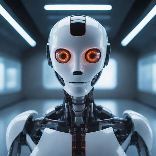 An AI robot with glowing eyes in a futuristic setting.