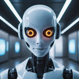 An AI robot with glowing eyes in a futuristic setting.