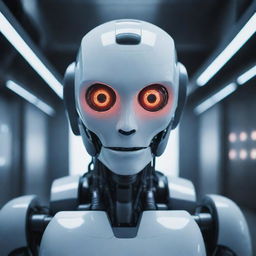 An AI robot with glowing eyes in a futuristic setting.