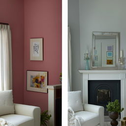 Revamp a living room, showcasing a transformation of wall color, maintaining original furniture layout and decor.