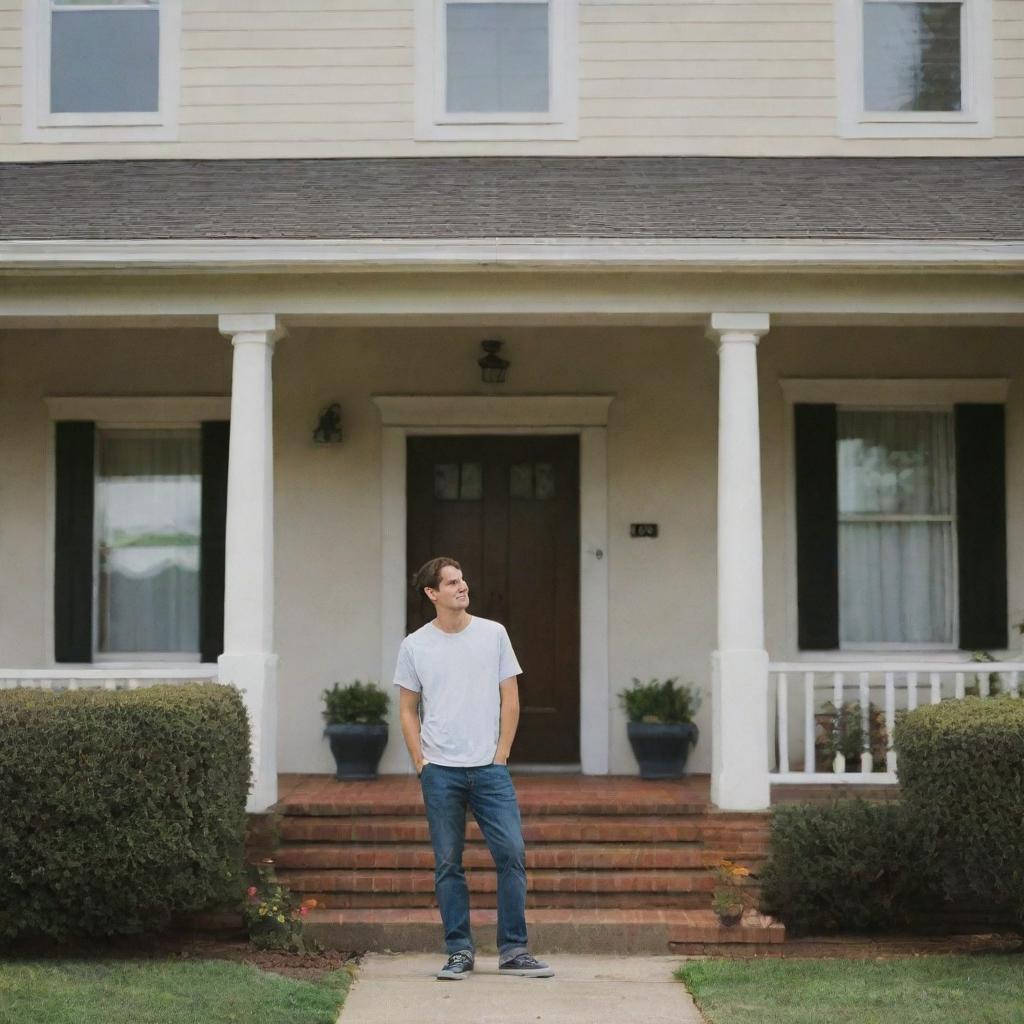 A young man standing outside of a charming residential home during a serene afternoon.