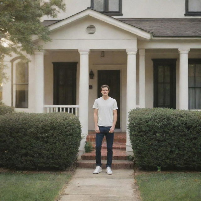 A young man standing outside of a charming residential home during a serene afternoon.