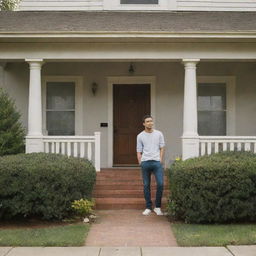 A young man standing outside of a charming residential home during a serene afternoon.