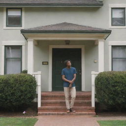 A young man standing outside of a charming residential home during a serene afternoon.