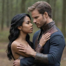 Prince Alaric, torn between duty and love, engaged in a deep internal conflict. Beside him, his significant other, displaying unwavering determination, challenging societal norms. The scene culminates with triumphant symbols of their love prevailing against all odds.