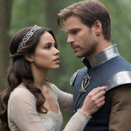 Prince Alaric, torn between duty and love, engaged in a deep internal conflict. Beside him, his significant other, displaying unwavering determination, challenging societal norms. The scene culminates with triumphant symbols of their love prevailing against all odds.