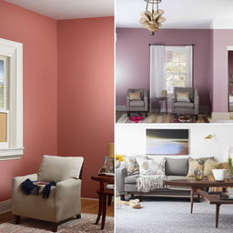 Revamp a living room, showcasing a transformation of wall color, maintaining original furniture layout and decor.