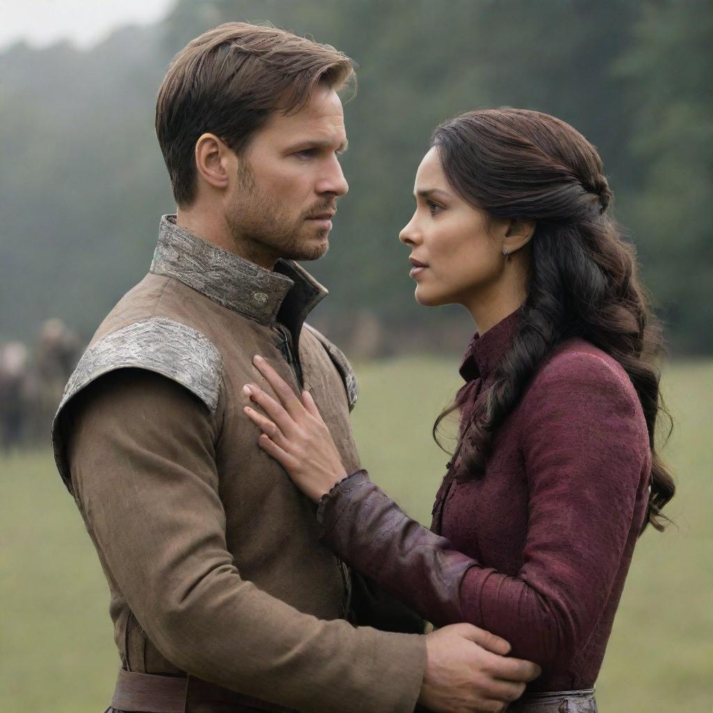 Prince Alaric, torn between duty and love, engaged in a deep internal conflict. Beside him, his significant other, displaying unwavering determination, challenging societal norms. The scene culminates with triumphant symbols of their love prevailing against all odds.