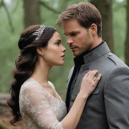 Prince Alaric, torn between duty and love, engaged in a deep internal conflict. Beside him, his significant other, displaying unwavering determination, challenging societal norms. The scene culminates with triumphant symbols of their love prevailing against all odds.