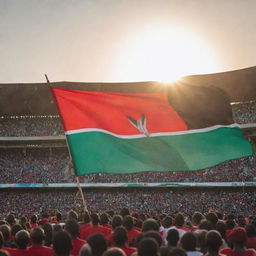 A vibrant and bustling stadium in Kenya, filled with cheering crowds. The sun setting behind it creates a dramatic silhouette, and the national flag of Kenya waves proudly in the breeze.