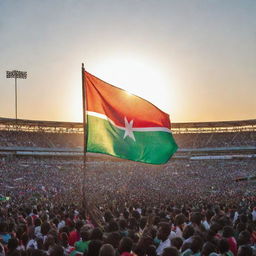 A vibrant and bustling stadium in Kenya, filled with cheering crowds. The sun setting behind it creates a dramatic silhouette, and the national flag of Kenya waves proudly in the breeze.