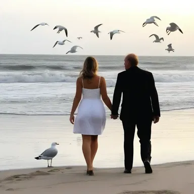 During their romantic walk on the beach, the couple's startle scared away the seagulls.