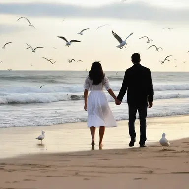 During their romantic walk on the beach, the couple's startle scared away the seagulls.